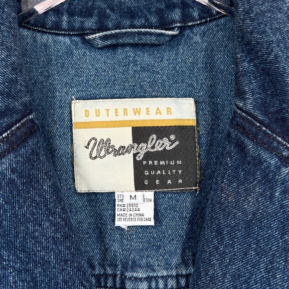 WRANGLER Vintage Denim Coat Mens Medium Blue Button Front Full Length Unisex - Picture 12 of 16